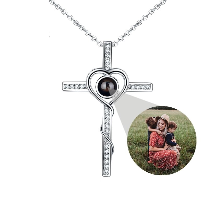 Zirkonia-Kreuz-Halskette mit Fotoprojektion aus 925er Sterling Silber