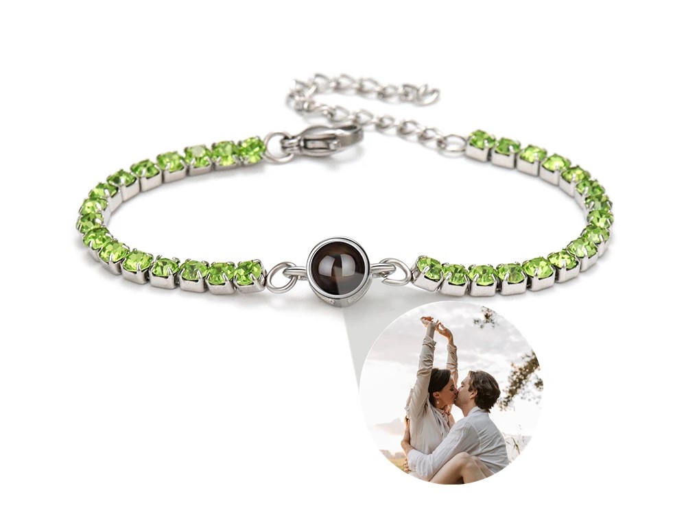 Buntes Zirkonia-Armband mit Fotoprojektion – personalisiert mit eigenem Bild, verstellbar 18–23 cm