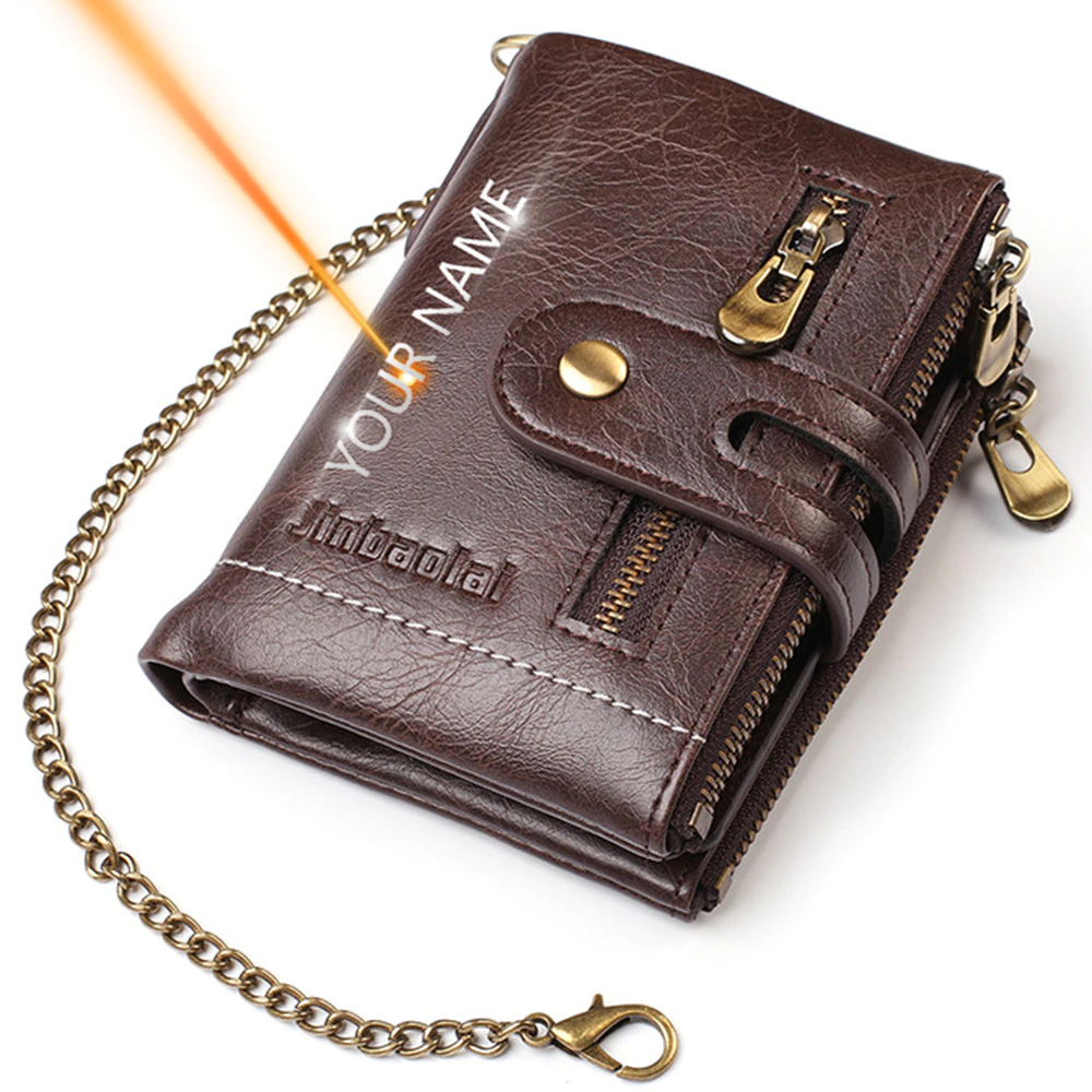 Leder Brieftasche mit Kette + Text Gravur Geldbörse Geldbeutel Portemonnaie Personalisiert