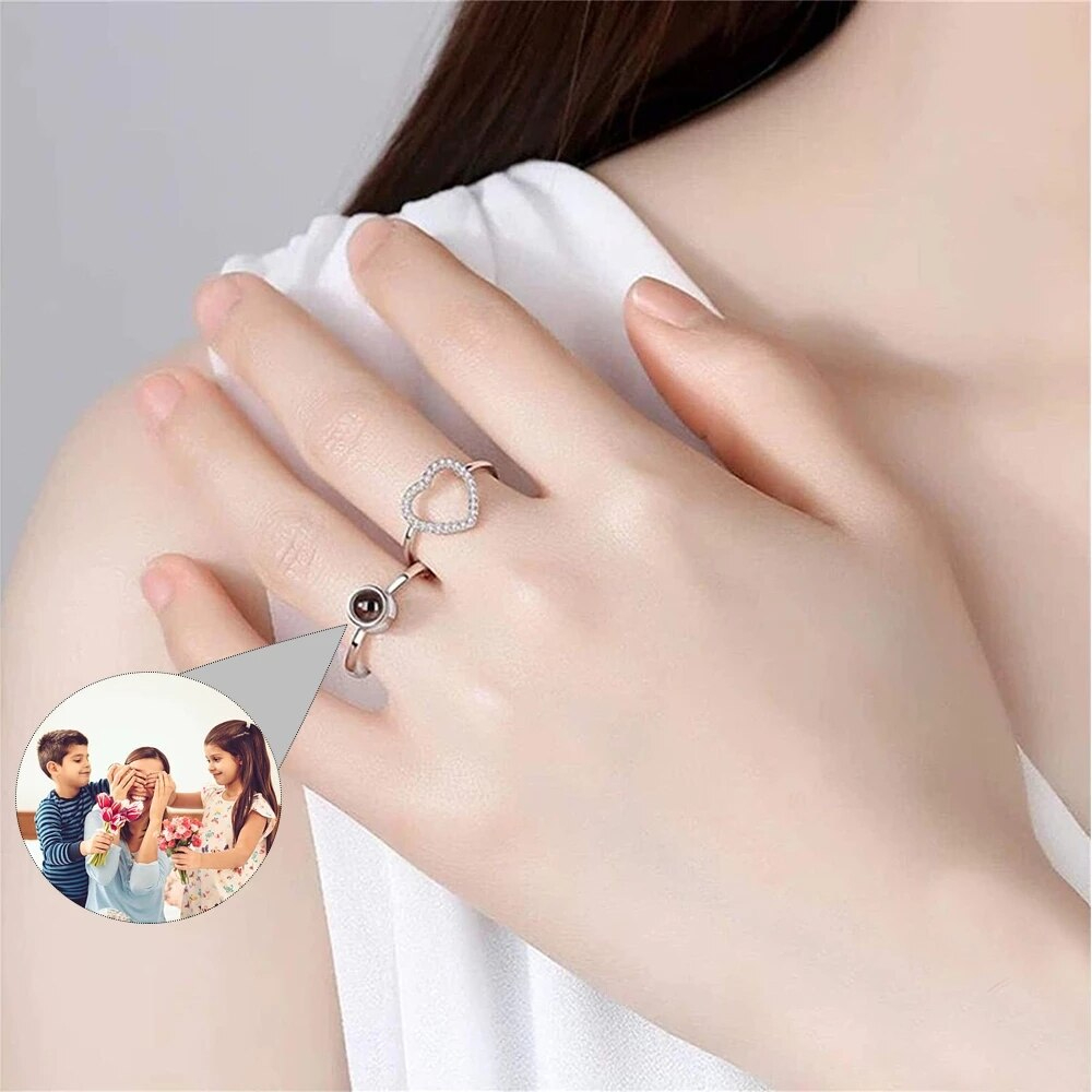 Fotoprojektion Herz-Kristall Ring mit eigenem Bild Projektion Ring Personalisiert