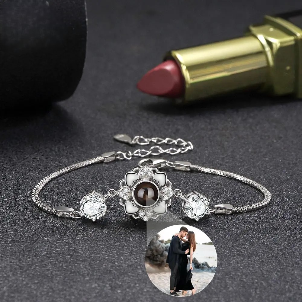 Blumen-Armband mit Fotoprojektion aus 925er Sterling Silber – personalisiert mit Foto, 18–23 cm