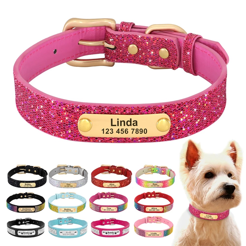 Gravur-Lederhalsband mit Glitzer – Hundehalsband mit Name & Telefonnummer